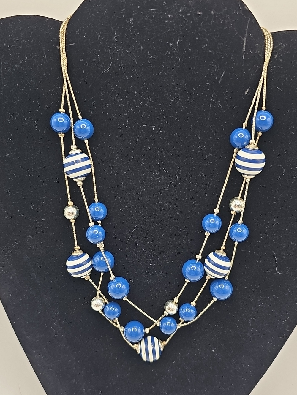 Blue And White Striped Beads. 3 Strands. Silver Tone.